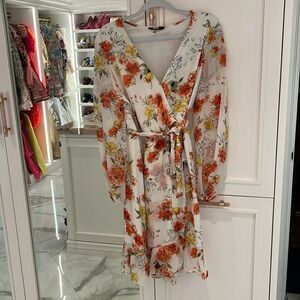 Nine West faux wrap sheer floral ruffle knee length dress w belt size 16